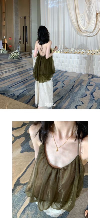 茶歇橄欖綠柔紗掛脖上衣5