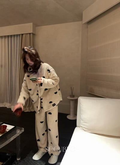 可以外穿的波點毛絨居家服｜厚絨「防靜」4