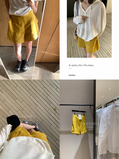 100%亞麻小雞黃中高腰短褲2