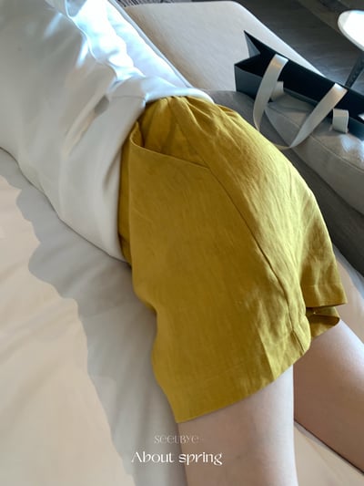 100%亞麻小雞黃中高腰短褲5