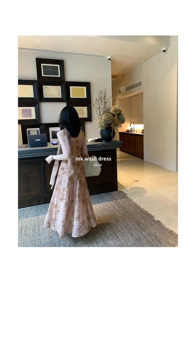 Classy水墨花卉飄帶長裙+毛衣開衫2