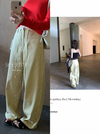 淡黃drawstring直筒褲1