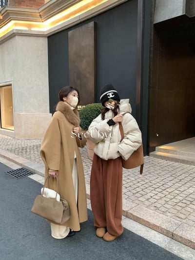 黑標｜帶真狐狸毛湘葉黃雙面手工羊絨大衣5