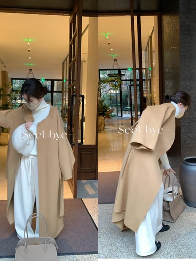 黑標｜帶真狐狸毛湘葉黃雙面手工羊絨大衣2