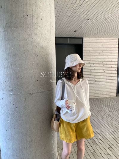 100%亞麻小雞黃中高腰短褲4