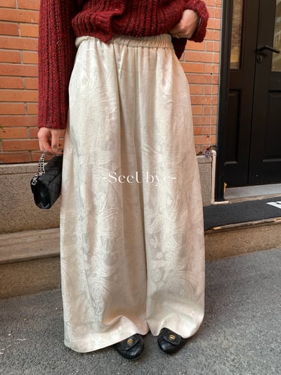 新中式香檳金加絨闊腿褲1