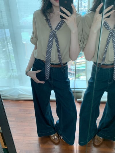 波點飄帶麻感襯衫6