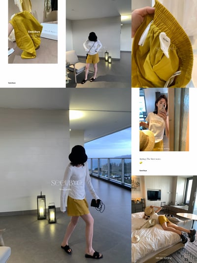 100%亞麻小雞黃中高腰短褲7