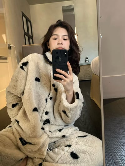 可以外穿的波點毛絨居家服｜厚絨「防靜」5