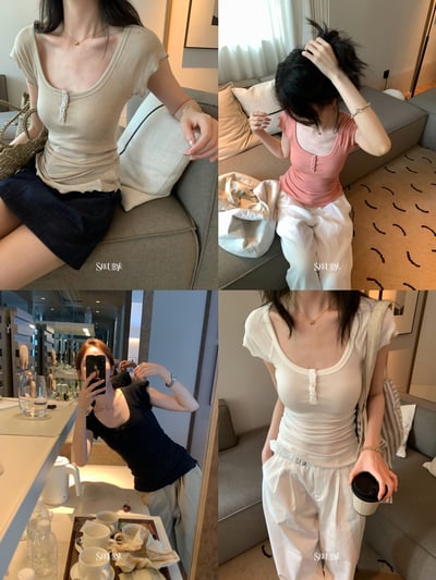 四色法式木耳邊鈕扣tee1