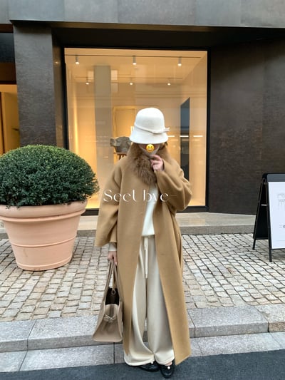 黑標｜帶真狐狸毛湘葉黃雙面手工羊絨大衣1