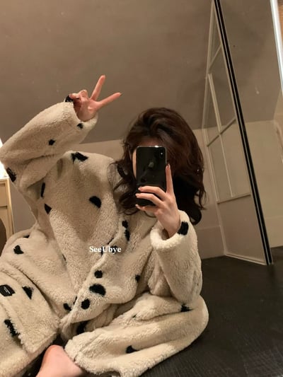 可以外穿的波點毛絨居家服｜厚絨「防靜」1