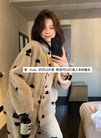 可以外穿的波點毛絨居家服｜厚絨「防靜」12