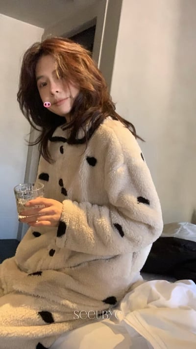 可以外穿的波點毛絨居家服｜厚絨「防靜」7