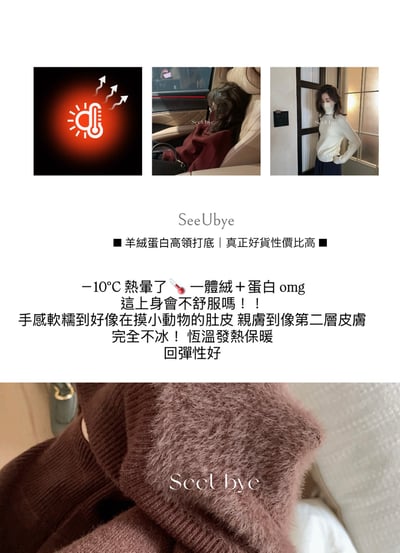 面料升級羊絨蛋白絨高領毛衣｜暖教自然發熱/7色2