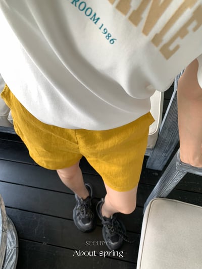 100%亞麻小雞黃中高腰短褲6