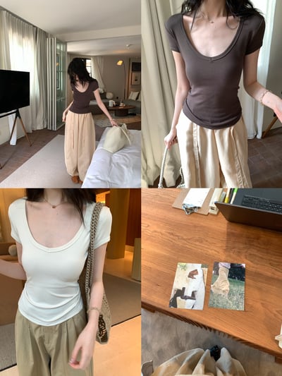 雙色u型桃心領瘦瘦tee1
