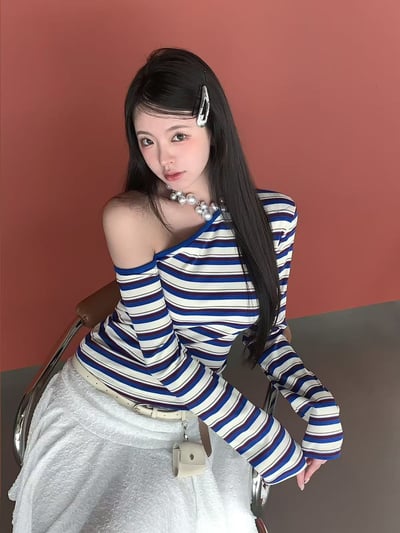 O19 正韓斜肩條紋長袖1