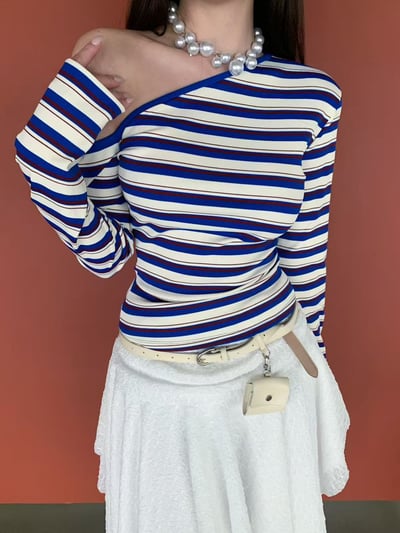 O19 正韓斜肩條紋長袖2