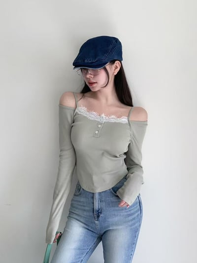 O16 正韓露肩蕾絲長袖3