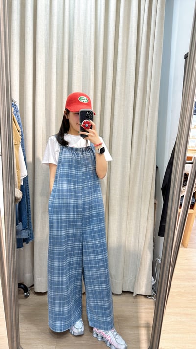 可調節格紋吊帶褲2