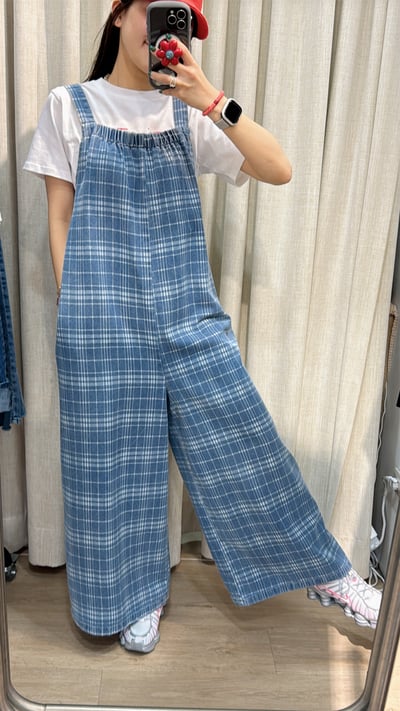 可調節格紋吊帶褲3