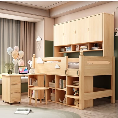 幸福雲朵 松木實木 置物功能 書桌 書櫃 衣櫃 半高床 吊櫃 組合 兒童床【禾辰家具】1