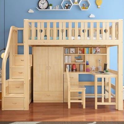 【HoCHEN】圈圈原木色 松木實木 單人 / 雙人高架床 書桌/ 書櫃 /衣櫃 組合床【禾辰家具】1