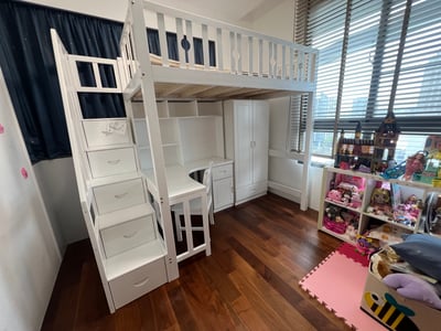 【HoCHEN】圈圈純白色 松木實木 單人 / 雙人高架床 書桌/ 書櫃 /衣櫃 組合床【禾辰家具】8