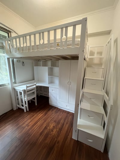 【HoCHEN】圈圈純白色 松木實木 單人 / 雙人高架床 書桌/ 書櫃 /衣櫃 組合床【禾辰家具】7