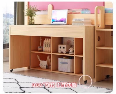 【HoCHEN】芬蘭松木 粉色兒童推拉書桌 / 書櫃 / 梯櫃組合半高床3