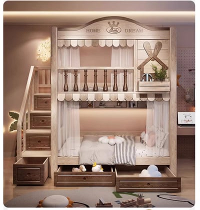 美式鄉村兔 高護欄 雙人 雙層床 梯櫃【禾辰家具】1