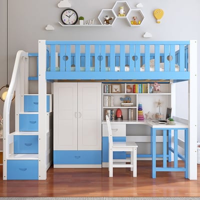 【HoCHEN】圈圈藍白色 松木實木 單人 / 雙人高架床 書桌/ 書櫃 /衣櫃 組合床【禾辰家具】1