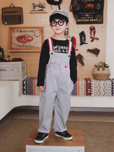 秋季日系條紋愛心吊帶褲1