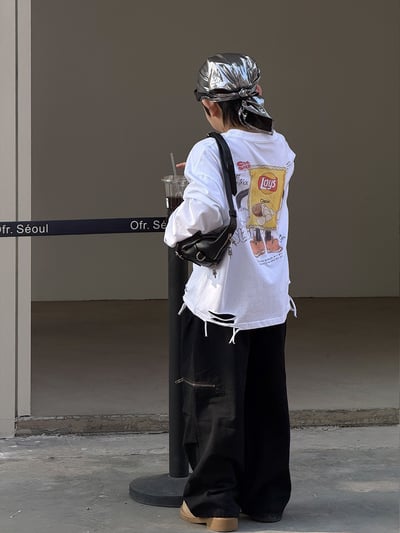 韓系洋芋片印花割破上衣5