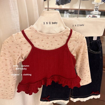 秋冬碎花上衣牛仔褲三件套2