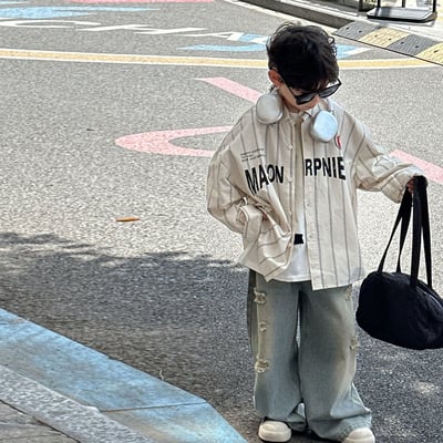 秋季寬鬆字母條紋襯衫5