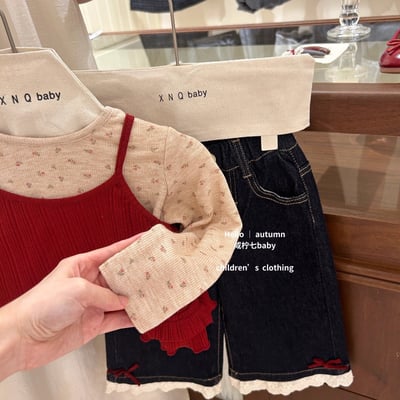 秋冬碎花上衣牛仔褲三件套3