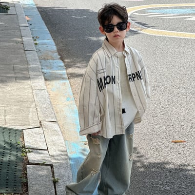 秋季寬鬆字母條紋襯衫7