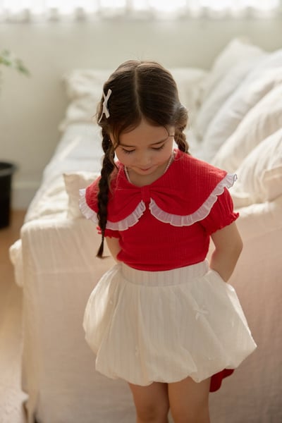 042210紅色花邊翻領上衣1