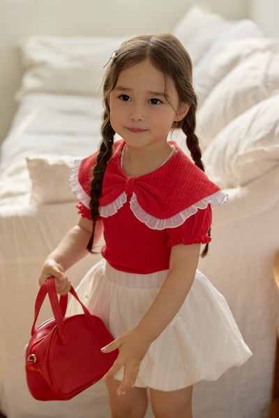 042210紅色花邊翻領上衣2