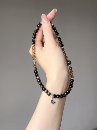 【絕對防禦】 Rosa.G 墨漆曜影｜銀曜石全淨體茶晶螺鈿大漆珠 手鍊7