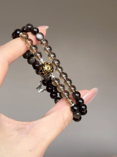 【絕對防禦】 Rosa.G 墨漆曜影｜銀曜石全淨體茶晶螺鈿大漆珠 手鍊3