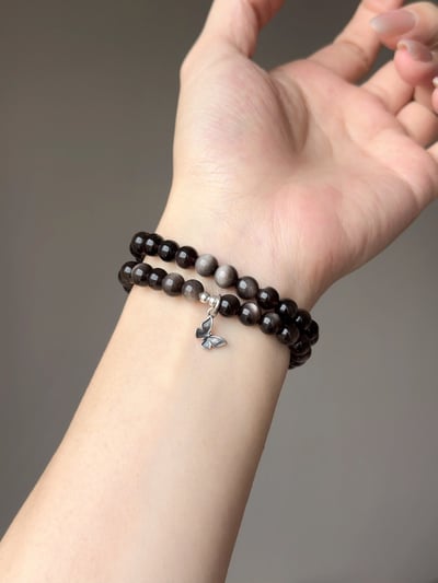 【絕對防禦】 Rosa.G 墨漆曜影｜銀曜石全淨體茶晶螺鈿大漆珠 手鍊4