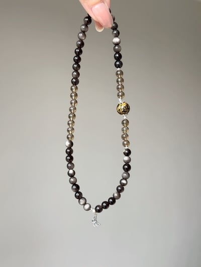 【絕對防禦】 Rosa.G 墨漆曜影｜銀曜石全淨體茶晶螺鈿大漆珠 手鍊2