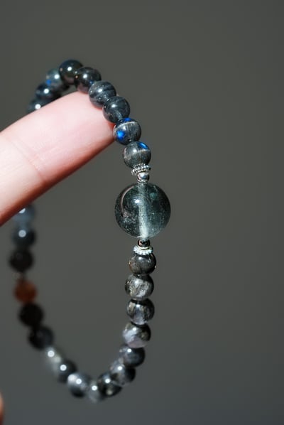 【暗夜覺醒．能量突圍】 Rosa.G 星空魔鬼海藍寶 x 黑羽毛極光 x 黑拉長石 x 金太陽石設計手鍊10