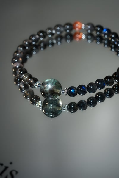 【暗夜覺醒．能量突圍】 Rosa.G 星空魔鬼海藍寶 x 黑羽毛極光 x 黑拉長石 x 金太陽石設計手鍊5