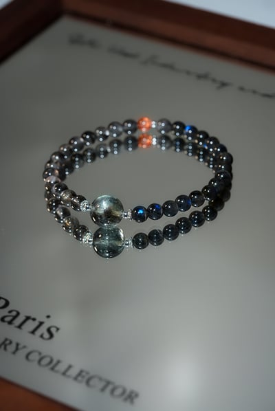 【暗夜覺醒．能量突圍】 Rosa.G 星空魔鬼海藍寶 x 黑羽毛極光 x 黑拉長石 x 金太陽石設計手鍊8
