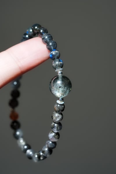 【暗夜覺醒．能量突圍】 Rosa.G 星空魔鬼海藍寶 x 黑羽毛極光 x 黑拉長石 x 金太陽石設計手鍊2