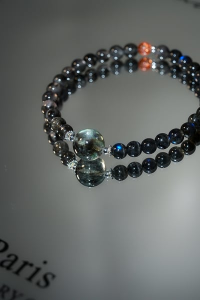 【暗夜覺醒．能量突圍】 Rosa.G 星空魔鬼海藍寶 x 黑羽毛極光 x 黑拉長石 x 金太陽石設計手鍊4